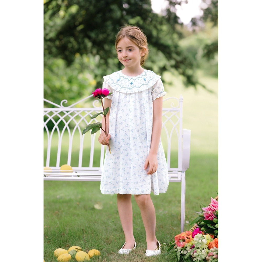 Antoinette Paris Myrtille Bishop Dress 3T Blue Floral Cotton Embroidered